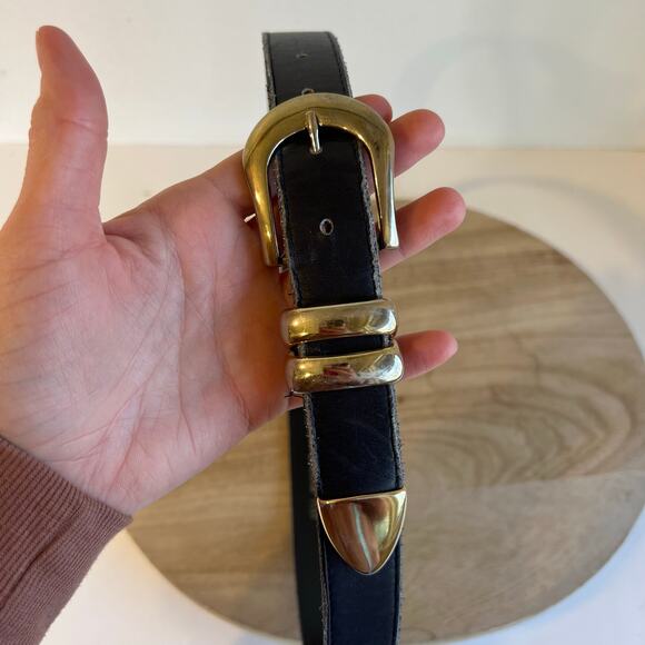 Vintage 90s USA Made Blue Black Genuine Leather Double Gold Buckle Belt Size XL - Picture 2 of 12